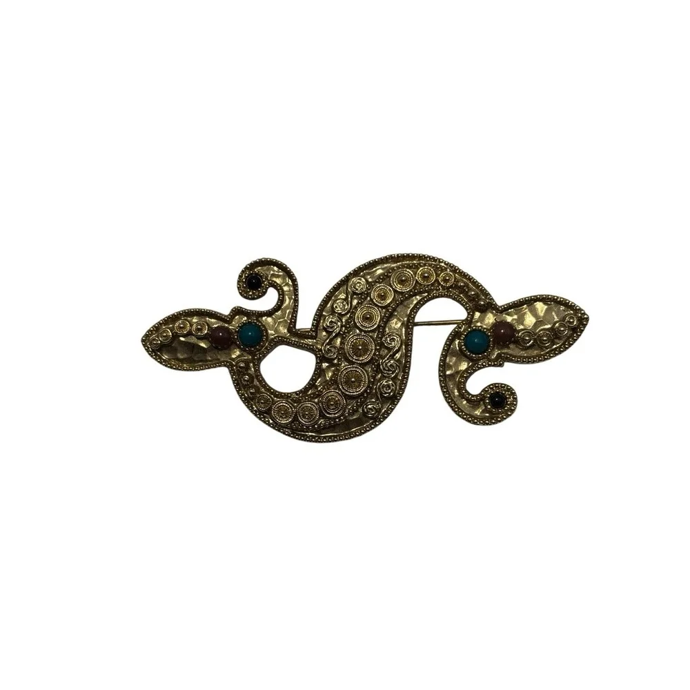 Vintage GoldTone Etruscan Byzantine Style Scroll Faux stone cabochons Brooch Pin